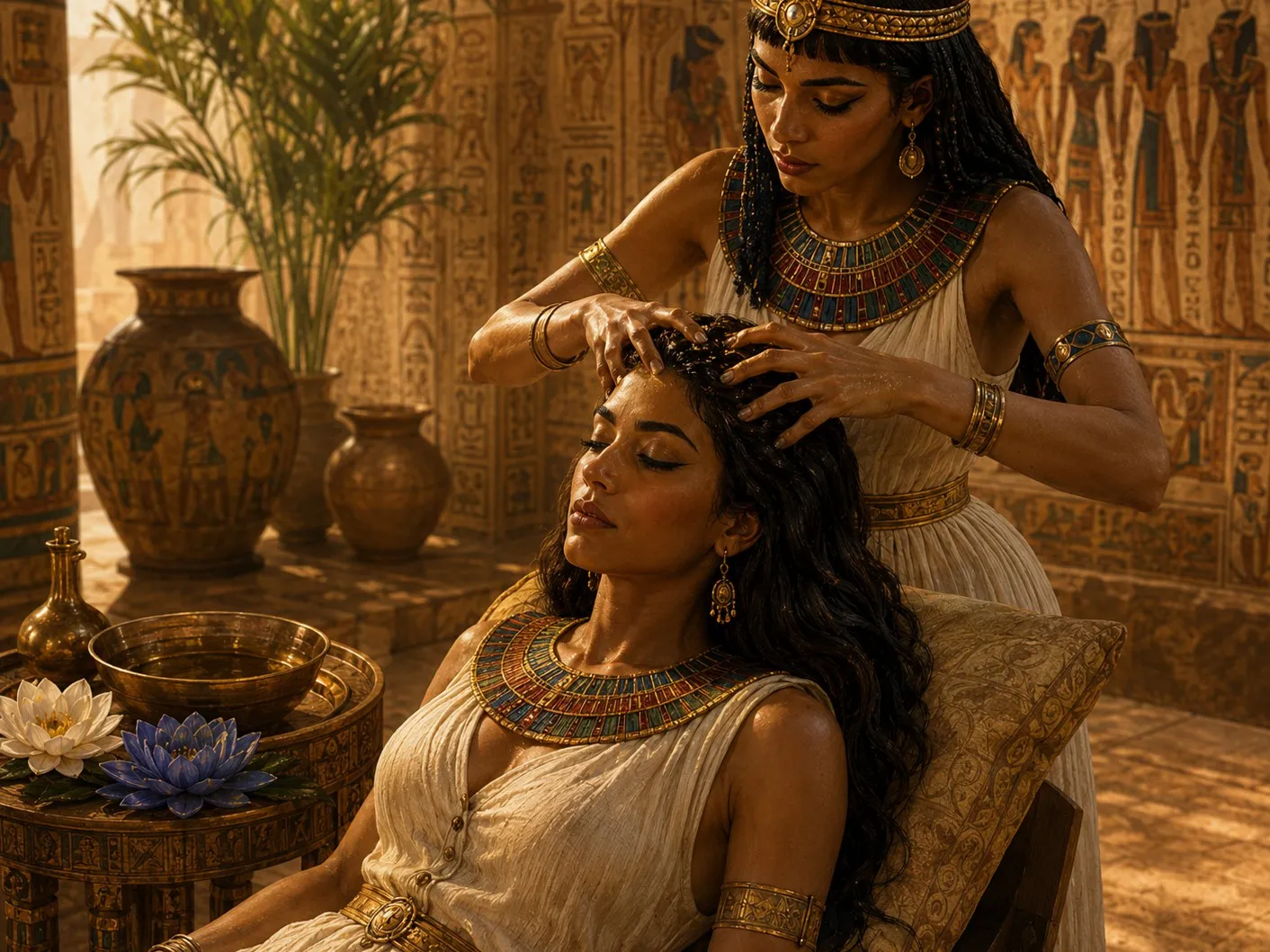 The Egyptian healing head massage, illustrated: warmed oil worked into the crown beside a bowl of oil and lotus flowers
